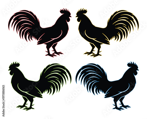 Stylized rooster silhouette vector set, four vibrant black cockerel illustrations, farm animal graphic resource for branding and design projects, isolated on white background