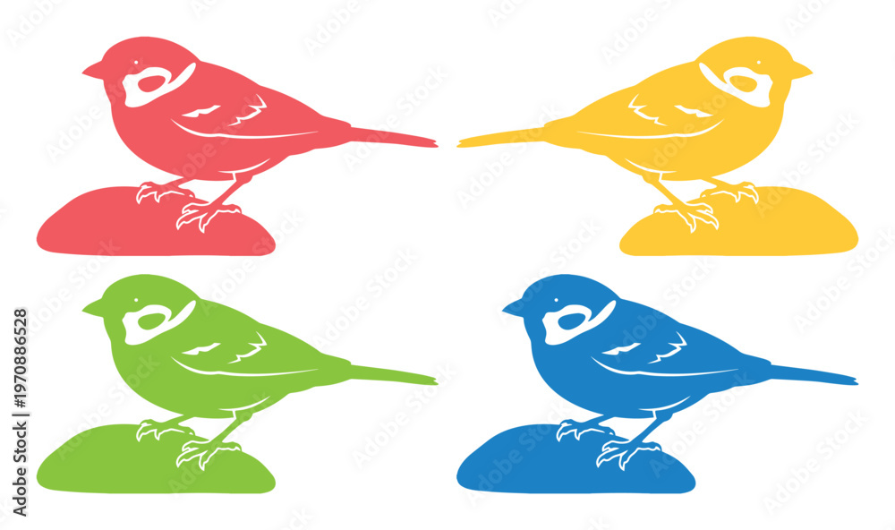 Fototapeta premium Colorful bird vector set, four vibrant sparrow illustrations, charming avian silhouette collection, nature-inspired graphic elements for design projects