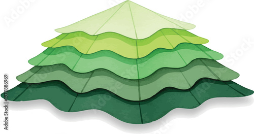 Abstract green mountain landscape with wavy layered hills, stylized nature pyramid with organic forest colors, geometric eco design for sustainable branding and web graphics isolated PNG with