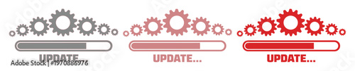 Update Progress Bar Vector Set, three distinct loading indicators with gears and 'UPDATE...' text, essential UI elements for software, web, and app development, system maintenance