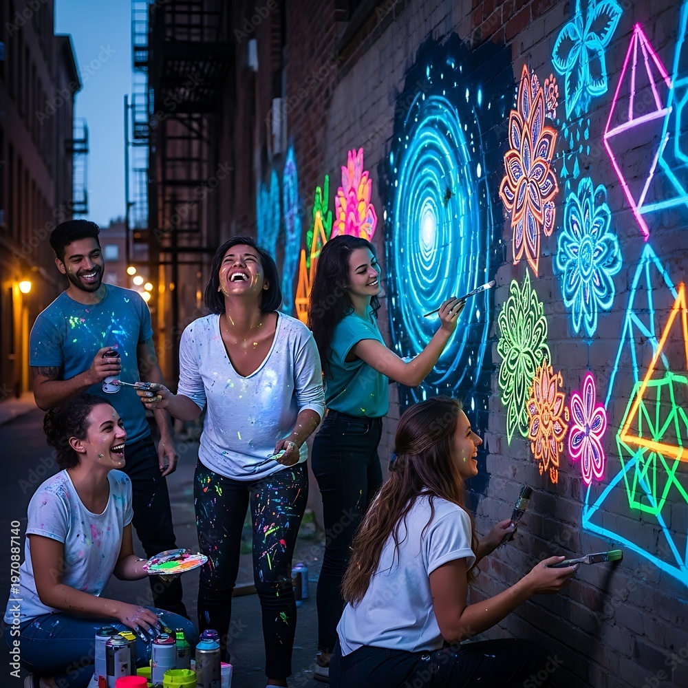 Naklejka premium Group of friends creating street art together at night.