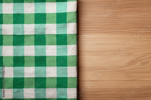 Green and white checkered tablecloth on a rustic wooden table background