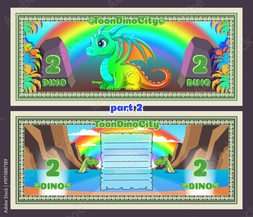 Vector cartoon colored beautiful banknotes, coupons or flyers. Obverse and reverse. Rainbow cute little smiling baby toon dinosaur or iridescent dragon with wings. Denomination two dino. Mountains 2