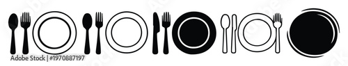 Minimalist Black and White Cutlery and Plate Icons, a versatile vector set for restaurant menus and dining concepts. Dinnerware and flatware symbols for food service design.