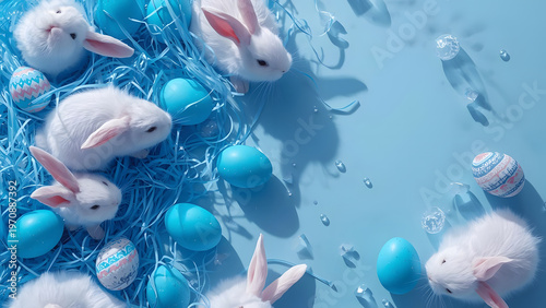 Cute white bunnies with blue easter eggs and grass on pastel background