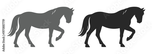 Elegant horse silhouette vector, two majestic equine illustrations in dark gray and black, walking horse graphic for equestrian branding and design projects