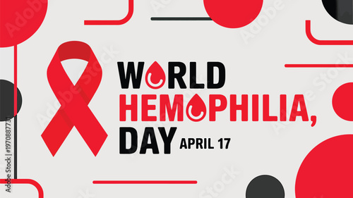 World Hemophilia Day Awareness Banner with Red Ribbon and Blood Drops on Abstract
