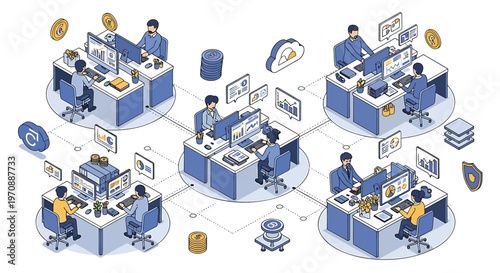 Remote team collaboration, business workflow, isometric office, teamwork, communication icons