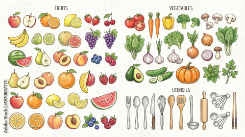 Colorful fruits and vegetables illustrated on textured background  