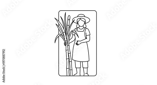 Farmer holding sugarcane stalks, black and white illustration, agricultural worker concept