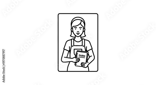 Farm worker woman holding notebook, illustration, vector, black and white