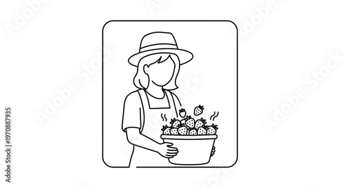 Farmer Woman Holding Basket of Fresh Strawberries, Farm Harvest Illustration