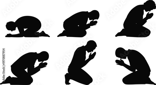People praying silhouettes collection showing kneeling worship poses, spiritual devotion concept, religious individuals in prayer isolated on white background for faith, meditation, 