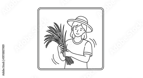 Farmer Woman Holding Wheat Sheaf, Harvest Season, Agriculture, Organic Farming, Rural Life, Healthy Food Concept