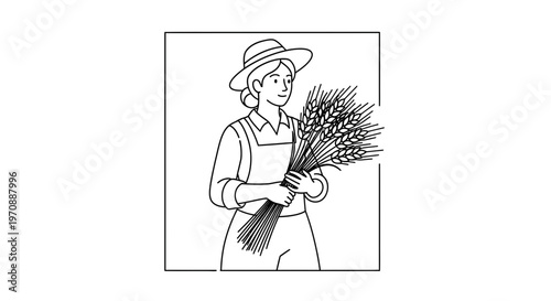 Farmer Woman Holding Wheat Sheaves, Harvest Season, Rural Life, Agriculture
