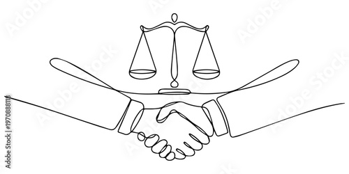 Client shakes hands with lawyer Legal services, Continuous one single line drawing Client shakes hands with lawyer Legal services scales Advocate consultation Jurisprudence icon vector illustration on
