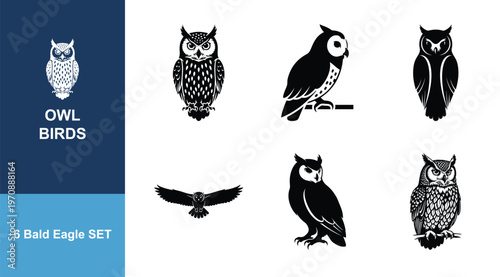 Owl bird silhouettes set wildlife nocturnal raptor icons