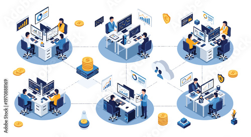 Isometric office teamwork, business collaboration, communication network, workflow management