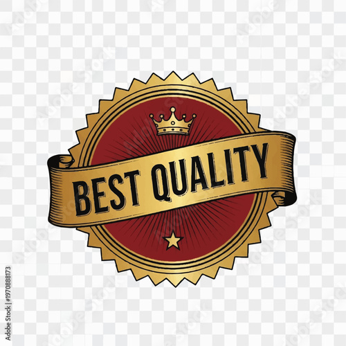 Golden seal badge with Best Quality ribbon emblem on transparent background.