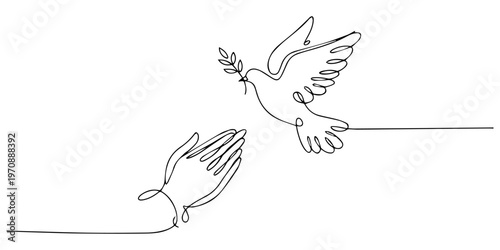 Continuous single one line drawing of Man Hands Pressed Together in Prayer Position and Flying Dove. Pray for peace, Pray for peace. Action for Prayer, Gratitude and Thankful Isolated on White Back.
