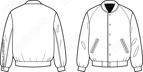 Bomber jacket, front and back view, classic outerwear apparel, black and white vector line art fashion design template