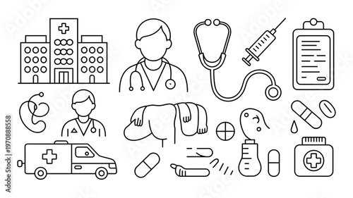 Minimal Medical Line Icon Set Hospital, Clinic and Healthcare Symbols