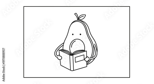 Cute Avocado Character Reading a Book, Cartoon Style