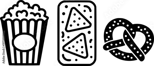 Black and white of popular snacks popcorn nachos and pretzel food