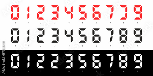 "A professional, high-resolution vector icon set of digital 7-segment display numbers from 0 to 9, isolated on a dual-tone background. The collection features three distinct color variations: vibrant 