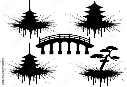 Black silhouette Japanese pagodas bridge and bonsai tree white background with ink splatters