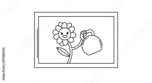 Angry Cartoon Flower Holding Watering Can, Funny Character Illustration