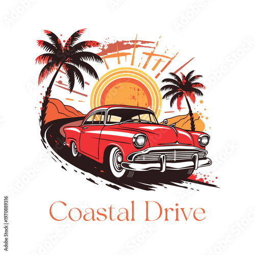 A red vintage car driving on a coastal road