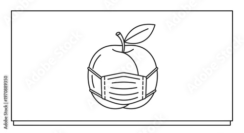 Apple Wearing Face Mask Line Art - Health, Safety, and Healthy Eating Concept