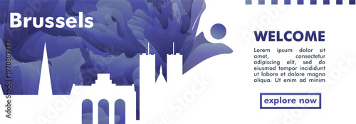 Brussels, Belgium city banner with skyline, cityscape, landmarks. Horizontal travel vector illustration layout for website, page, presentation, header, footer