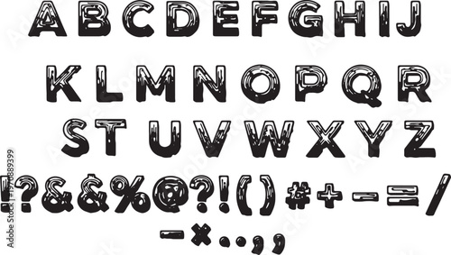 Vintage-style 3d typography featuring uppercase letters, lowercase letters, and symbols