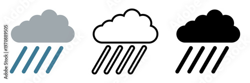 雨アイコンセット 雲と雨の天気シンボル シンプルなカラー・線画・シルエットUIベクター素材 / Rain icon set cloud rainy weather symbol simple outline silhouette vector
