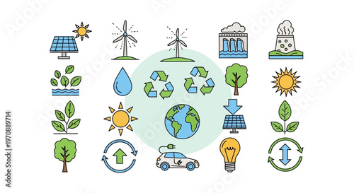 Renewable Energy and Environmental Protection Line Icons Set