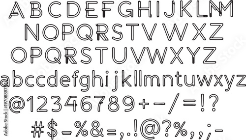Diverse set of characters displayed in a bold, outlined font style for typography reference
