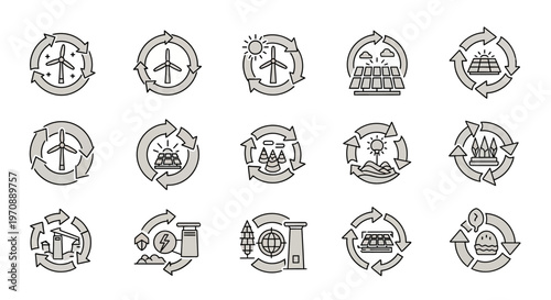 Renewable Energy and Sustainability Icons Set: Eco-Friendly Power, Recycling, and Environmental Concepts