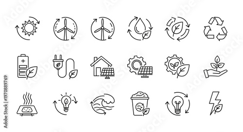 Renewable Energy and Sustainability Line Icons Set - Eco-Friendly Solutions