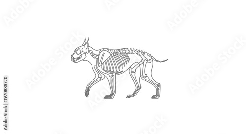 Cat Skeleton Anatomy Illustration, Side View, Walking Pose, Educational Medical Art