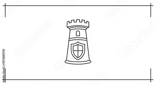 Castle Tower Icon with Shield Emblem, Medieval Fortress Outline Symbol
