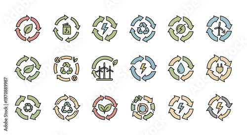 Sustainable Energy and Recycling Icons Set with Circular Arrows