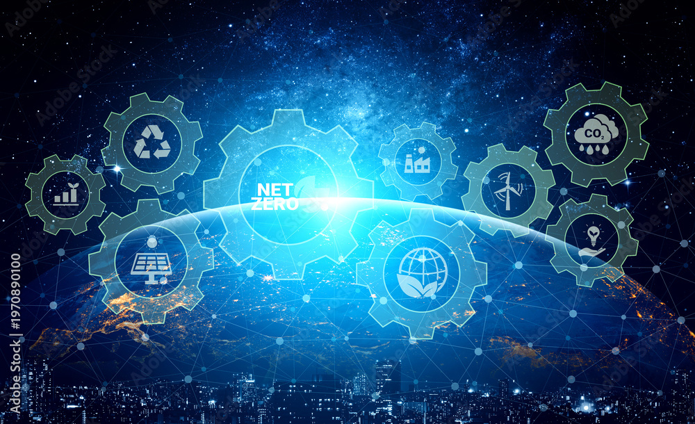 Fototapeta premium Interconnected green gears with icons representing renewable energy, carbon reduction, recycling, and eco innovation working toward a net zero goal Parse