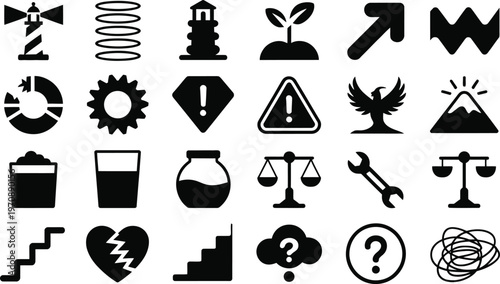 A collection of black and white icons on a white background
