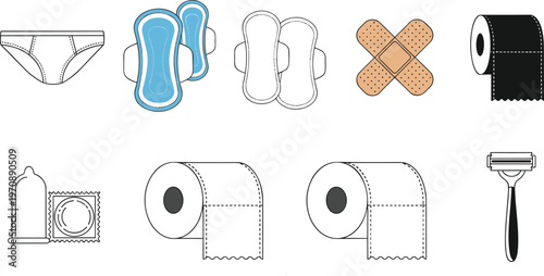 Personal Hygiene Essentials Icon Set with Sanitary Pads Toilet Paper Condom Razor and First Aid Bandage Minimal Line Vector Collection