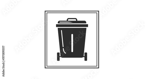 Black Trash Can Icon with Wheels on White Background, Simple Vector Illustration