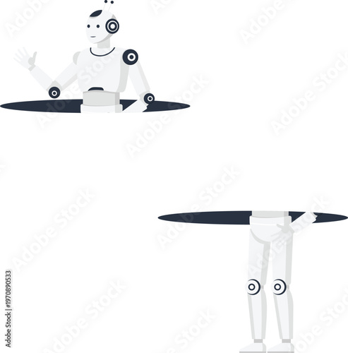 Humanoid robot artificial intelligence emerging technology digital assistant future concept modern design split view portal entrance white machine waving hand standing legs