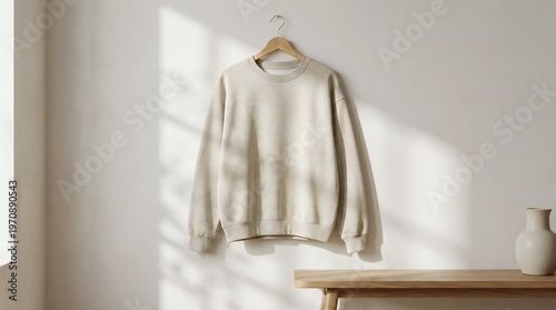 Light beige sweatshirt hanging on a wooden hanger. The hanger is attached to the wall with a string and subtly highlighted by warm, natural sunlight from a nearby window