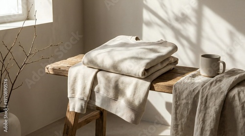 Folded Beige Sweatshirt on Wooden Table with Autumn Leaves, Minimalist Lifestyle Scene